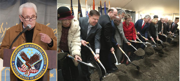 (LEFT: Greater Cleveland Fisher House Tom Sweeney thanks the Northeast Ohio community for its support. RIGHT: The Greater Cleveland Fisher House “shovel line” breaks the first ground for the two new Cleveland Fisher Houses.)